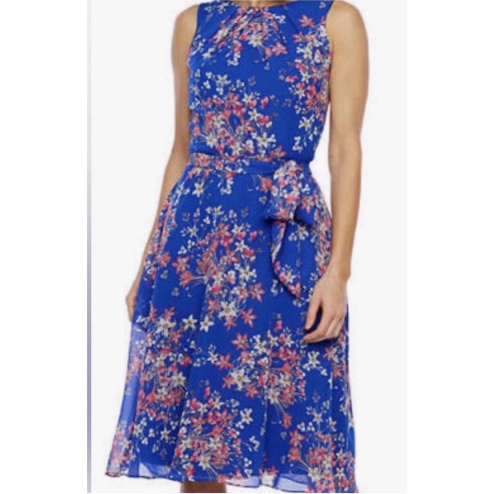 JH Bright Blue Floral Sleeveless Fit & Flare Pleated Neckline Fully Lined Sz 10